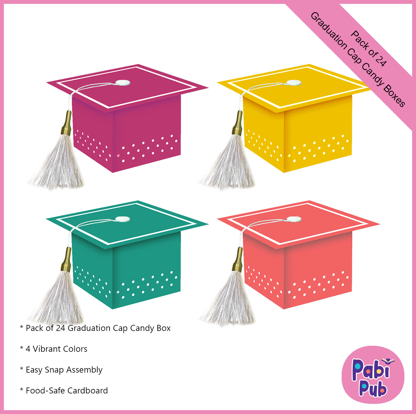 Pack of 24 Graduation Cap 4-colors Candy Boxes