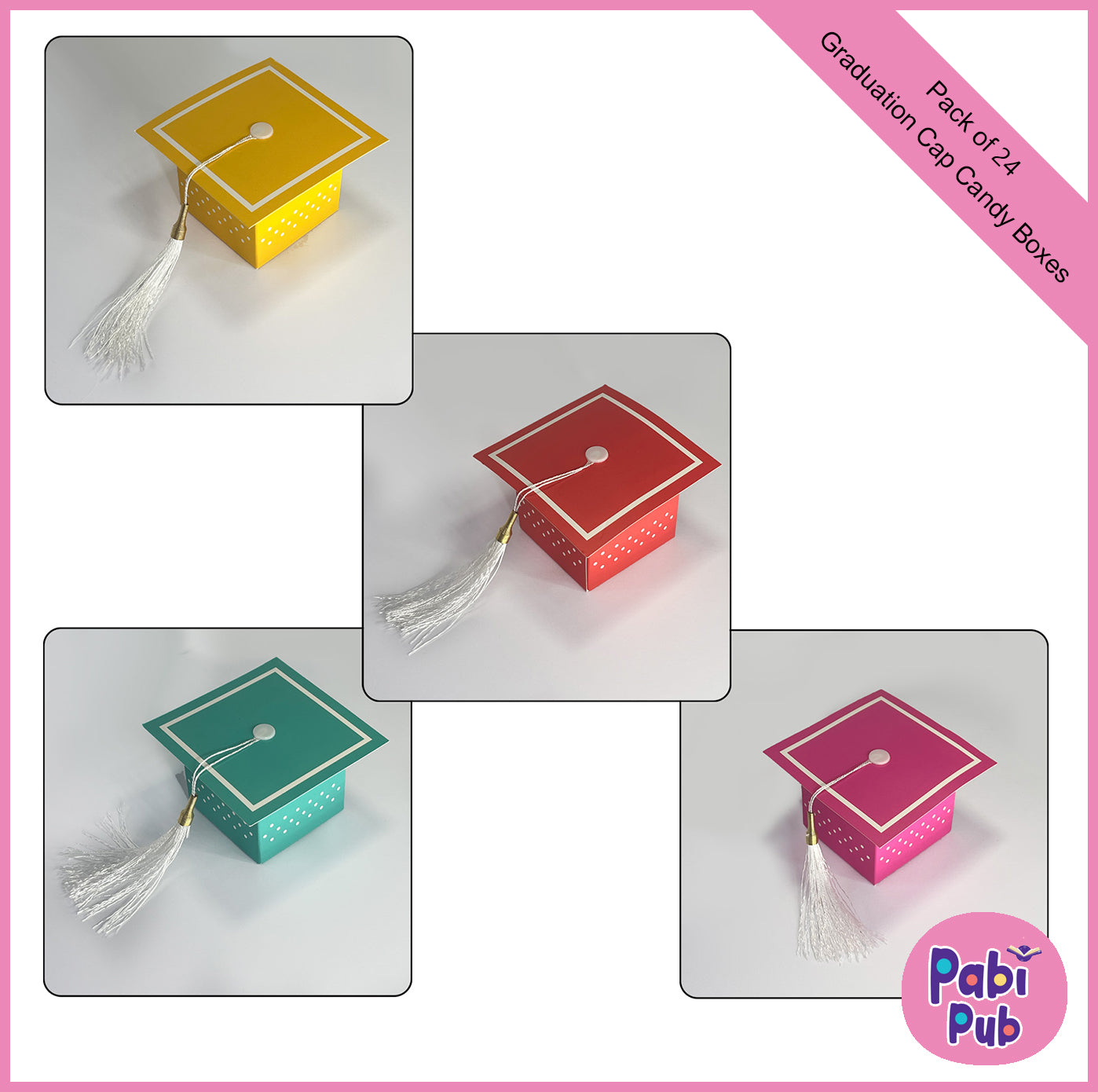 Pack of 24 Graduation Cap 4-colors Candy Boxes